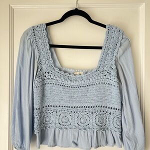 American Eagle Blue Cropped Ruffled Blouse